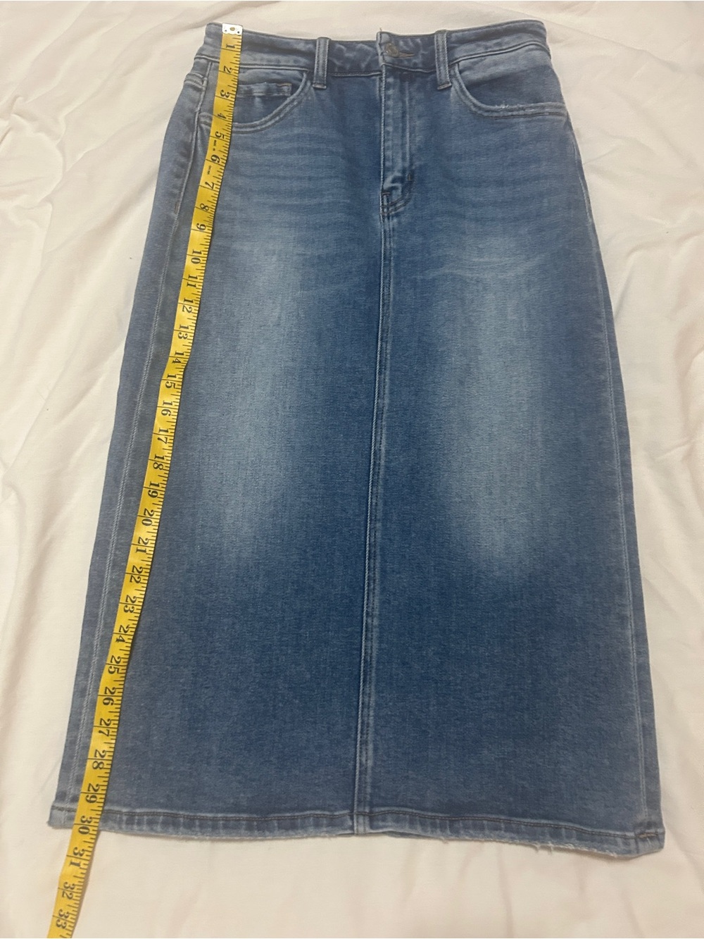 Vervet Blue Women Size S Midi Denim Skirt Medium Wash Stretch Front Seam - Picture 10 of 11